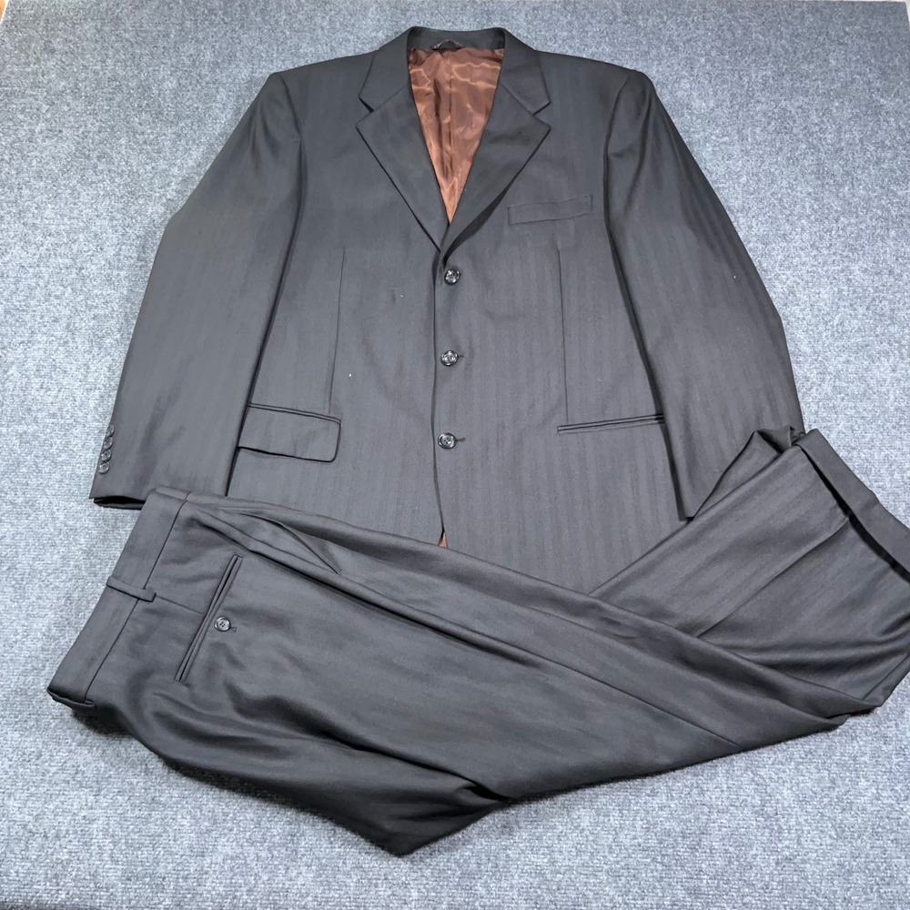 Caravelli Paris 3B 2 Piece Suit Set Mens 46R 40W Pinstripe Super 150s Black Prep